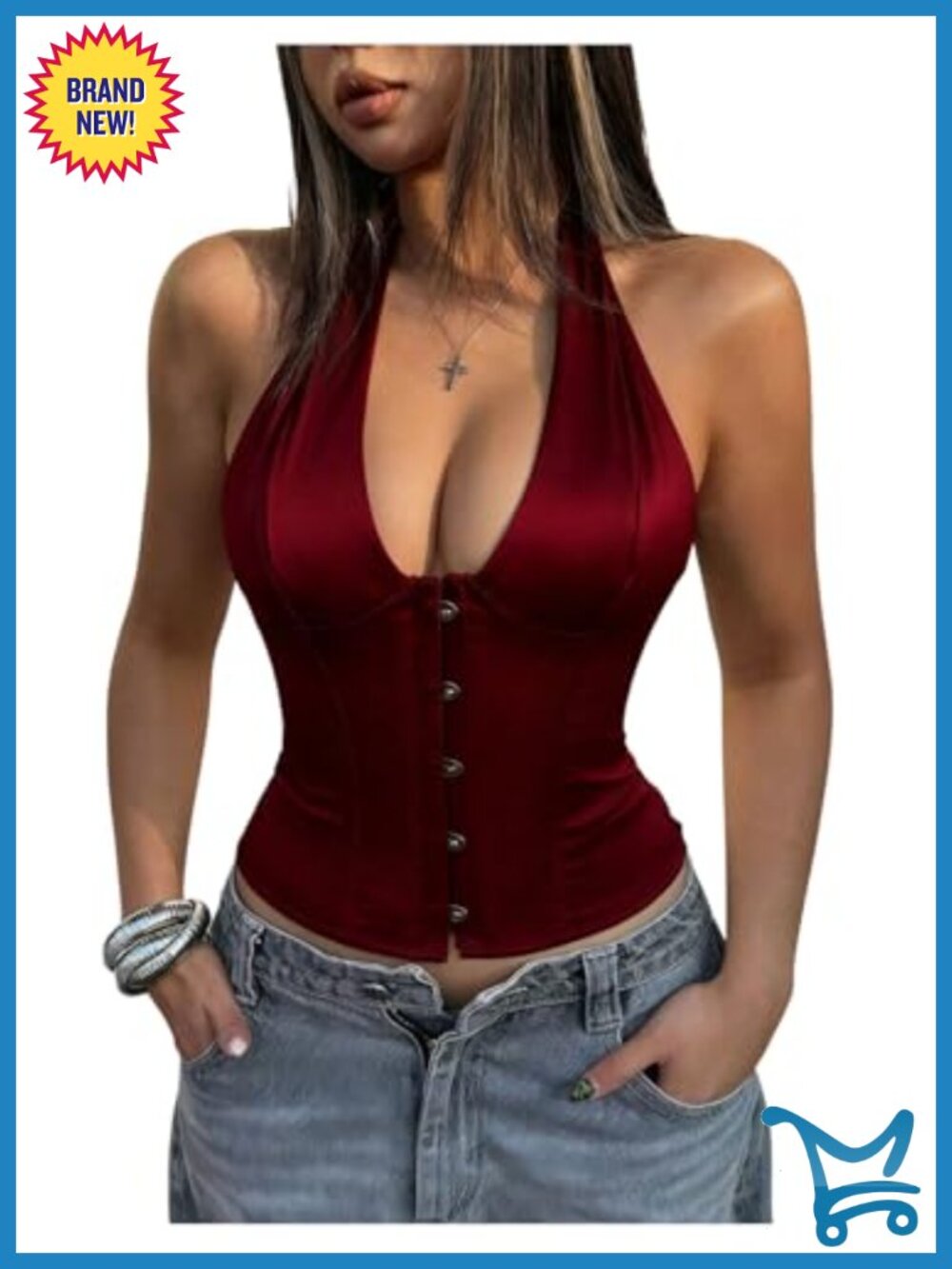 WDIRARA Womens Satin Corset Bustier Top Hook Lace Up Tie Back Halter